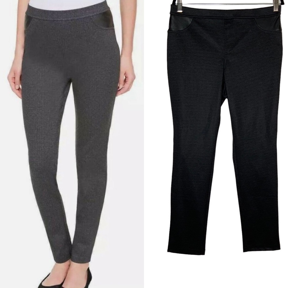 DKNY Jeans black tights with faux leather pockets. Size L
